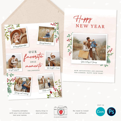 Year in review Christmas card template, 2022 overview, Canva Year in review template polaroids, Year in review holiday card, Floral Pictures