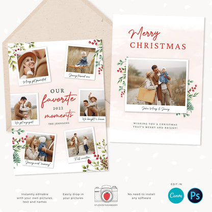 Year in review Christmas card template, 2022 overview, Canva Year in review template polaroids, Year in review holiday card, Floral Pictures
