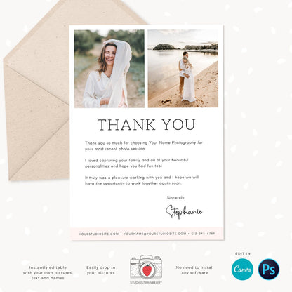 Thank You Note Cards Template for Photographers, Thank You Card, 7x5 Thank You Card, Photography Thank You Card Template, Canva, PS