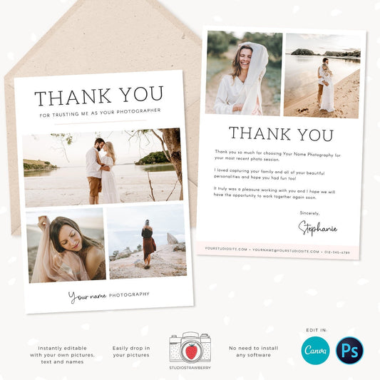 Thank You Note Cards Template for Photographers, Thank You Card, 7x5 Thank You Card, Photography Thank You Card Template, Canva, PS