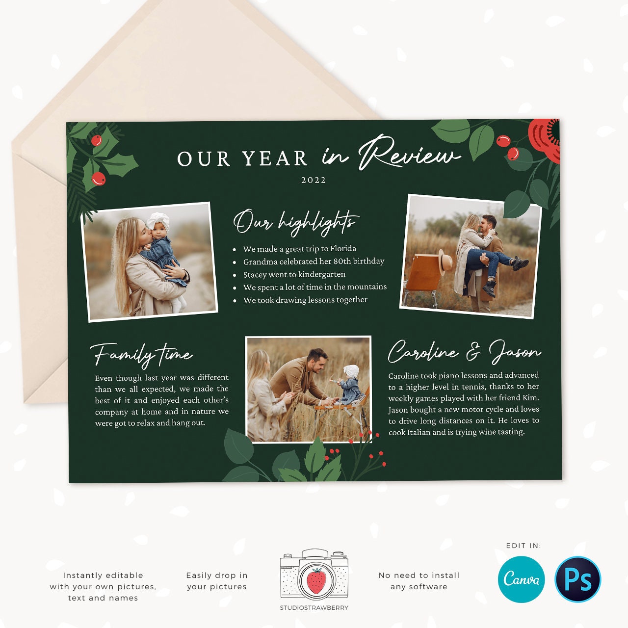 Year in review Christmas card template, 2022 monthly overview, Canva Year in review template monthly, Year in review holiday card, Pictures