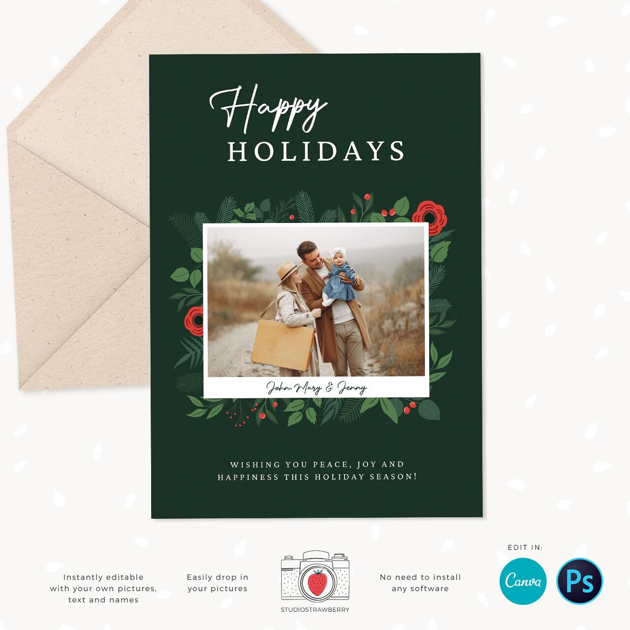 Year in review Christmas card template, 2022 overview, Canva Year in review template polaroids, Year in review holiday card, Floral Pictures