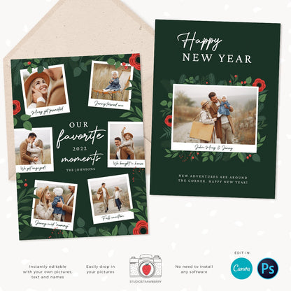 Year in review Christmas card template, 2022 overview, Canva Year in review template polaroids, Year in review holiday card, Floral Pictures
