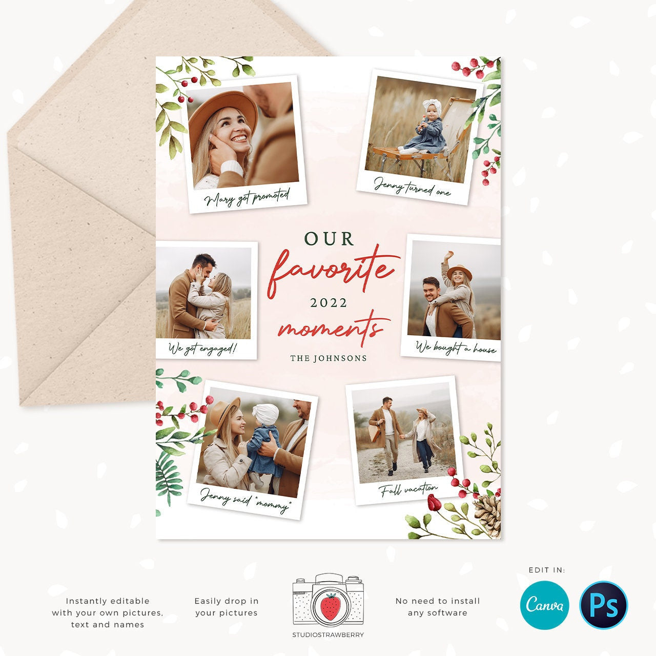 Year in review Christmas card template, 2022 overview, Canva Year in review template polaroids, Year in review holiday card, Floral Pictures