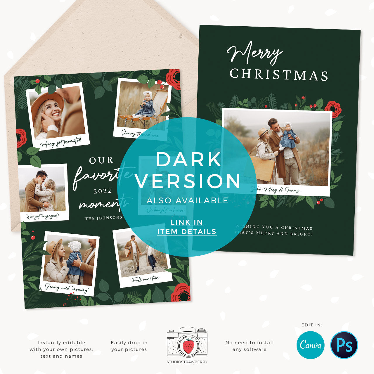 Year in review Christmas card template, 2022 overview, Canva Year in review template polaroids, Year in review holiday card, Floral Pictures