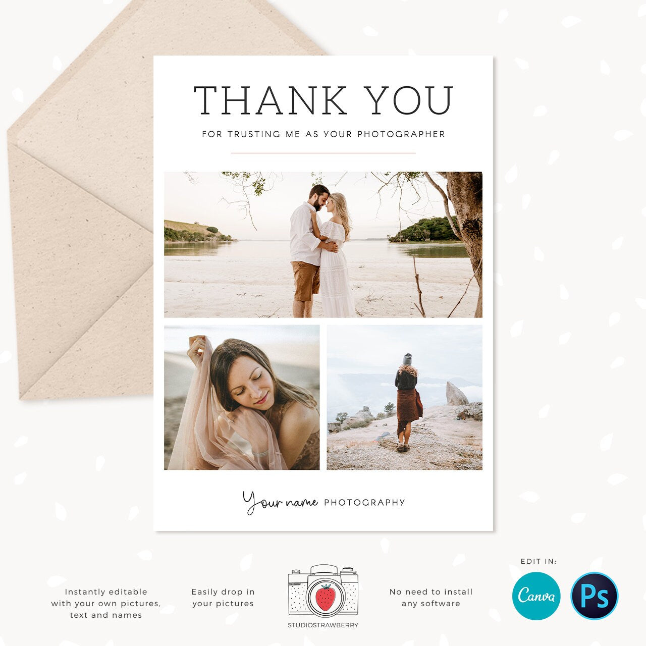 Thank You Note Cards Template for Photographers, Thank You Card, 7x5 Thank You Card, Photography Thank You Card Template, Canva, PS