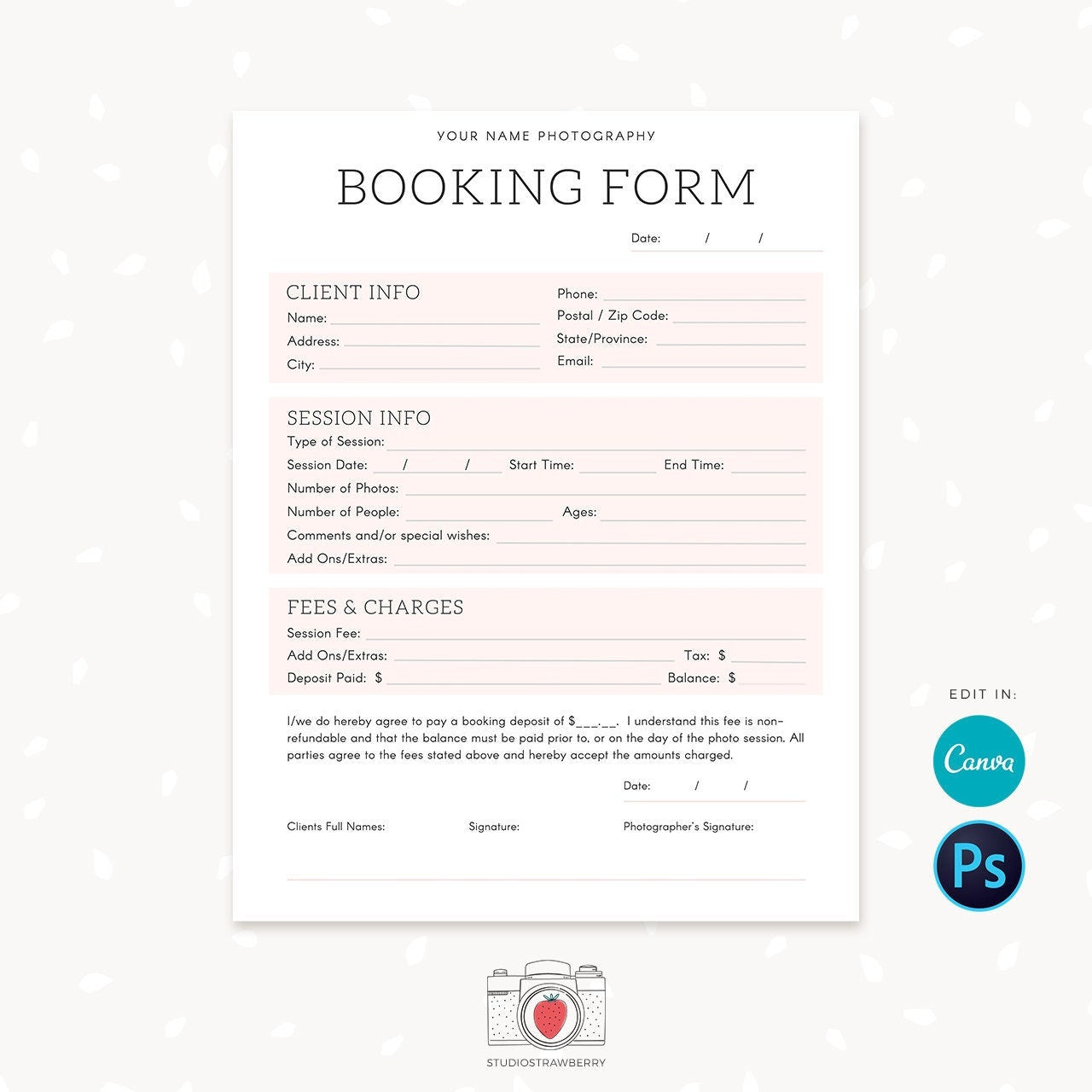 Photography Forms, Client Booking Form For Photographer, Form Templates for Photographers, Photography Contract, Sign up form, Booking, C07
