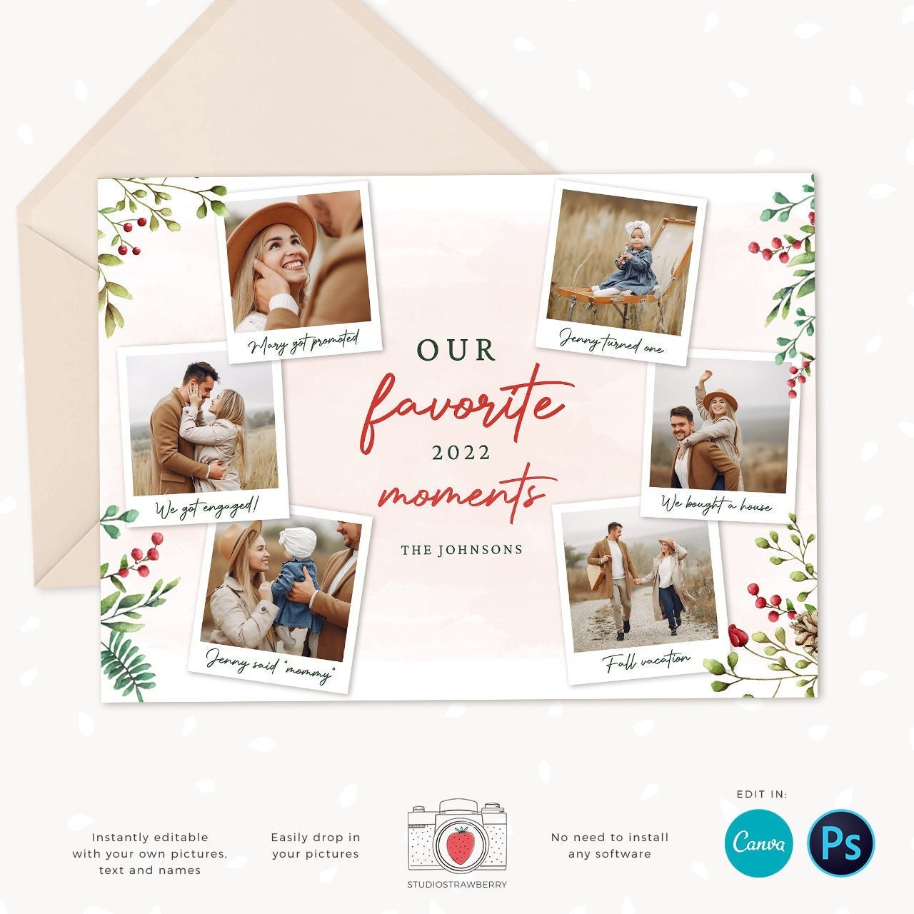 Year in review Christmas card template, 2022 overview, Canva Year in review template polaroids, Year in review holiday card, Landscape