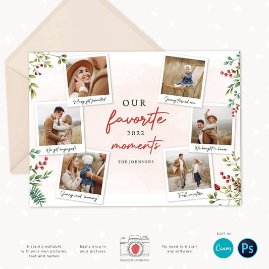 Year in review Christmas card template, 2022 overview, Canva Year in review template polaroids, Year in review holiday card, Landscape