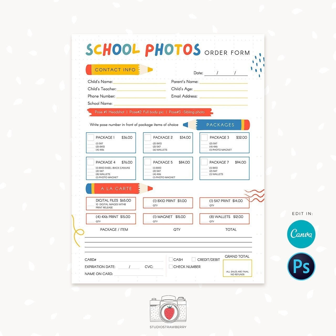School photography order form, Photography Forms, School Photographer Form, School Photography, Packages, A la carte, Canva, Photoshop