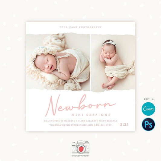 Newborn Mini Sessions Template, Canva, Photoshop, Newborn mini session template, Newborn minis, Baby photo sessions, Newborn baby minis