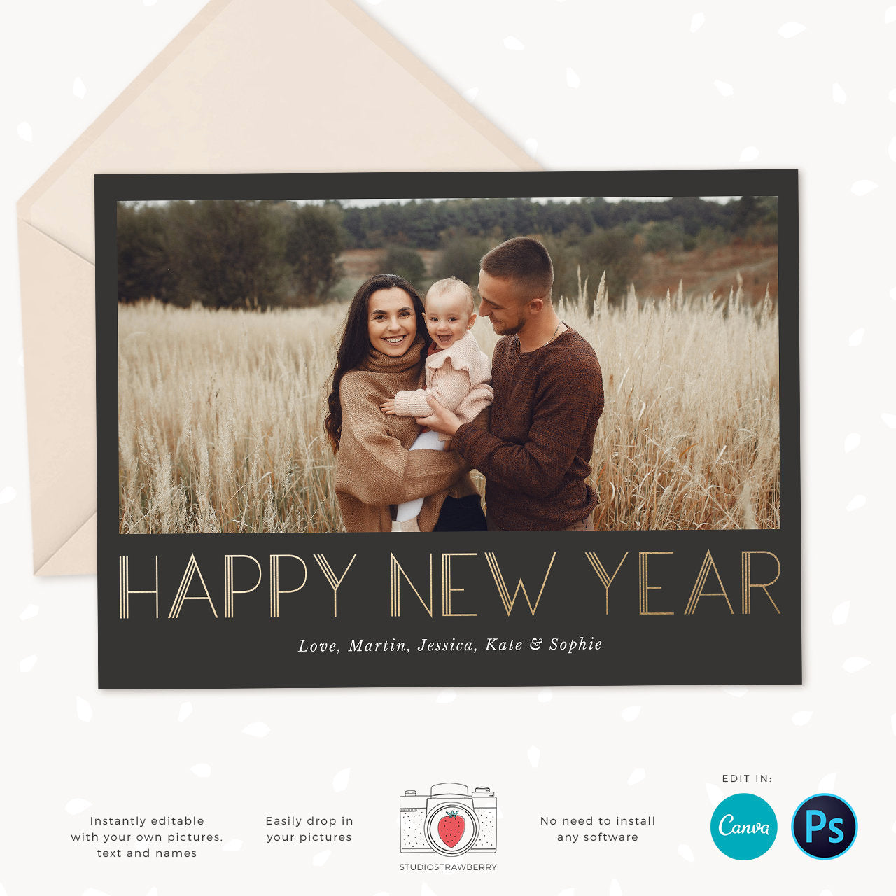 Year in review card template, Canva, 2023 collage, Year in review Christmas card template collage, Year in review holiday card 2023 Gold