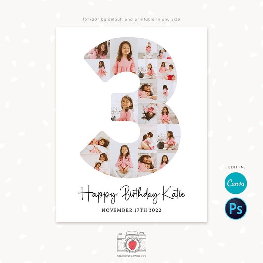 3 year birthday photo collage, Number three, Third birthday poster digital, Number three, 3rd Birthday collage Canva, Photoshop, 16x20, 8x10