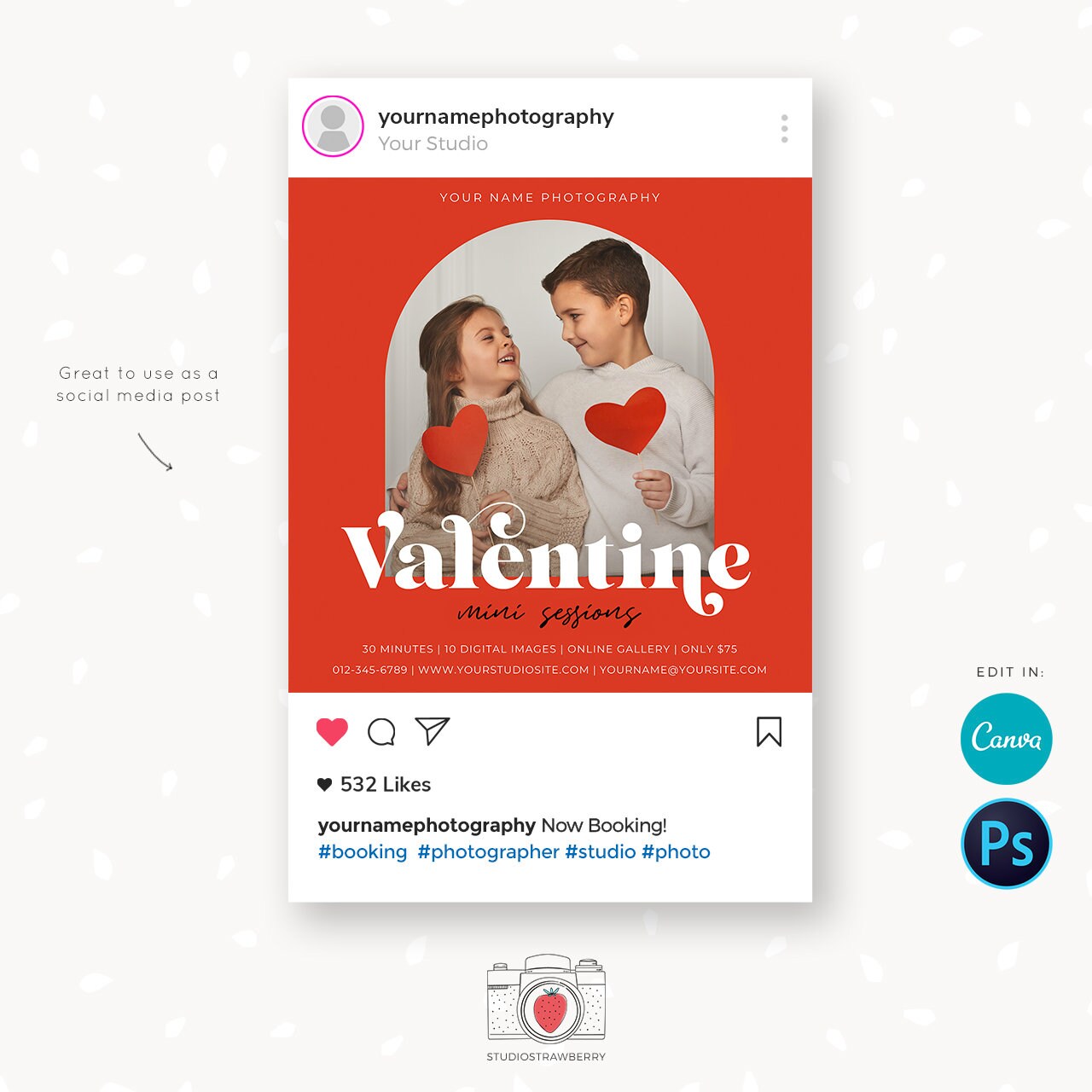 Valentine Mini Session Template, Canva, Valentine mini sessions, Valentine photography template, Valentine minis promotion, Valentines day