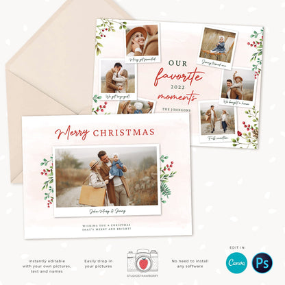 Year in review Christmas card template, 2022 overview, Canva Year in review template polaroids, Year in review holiday card, Landscape