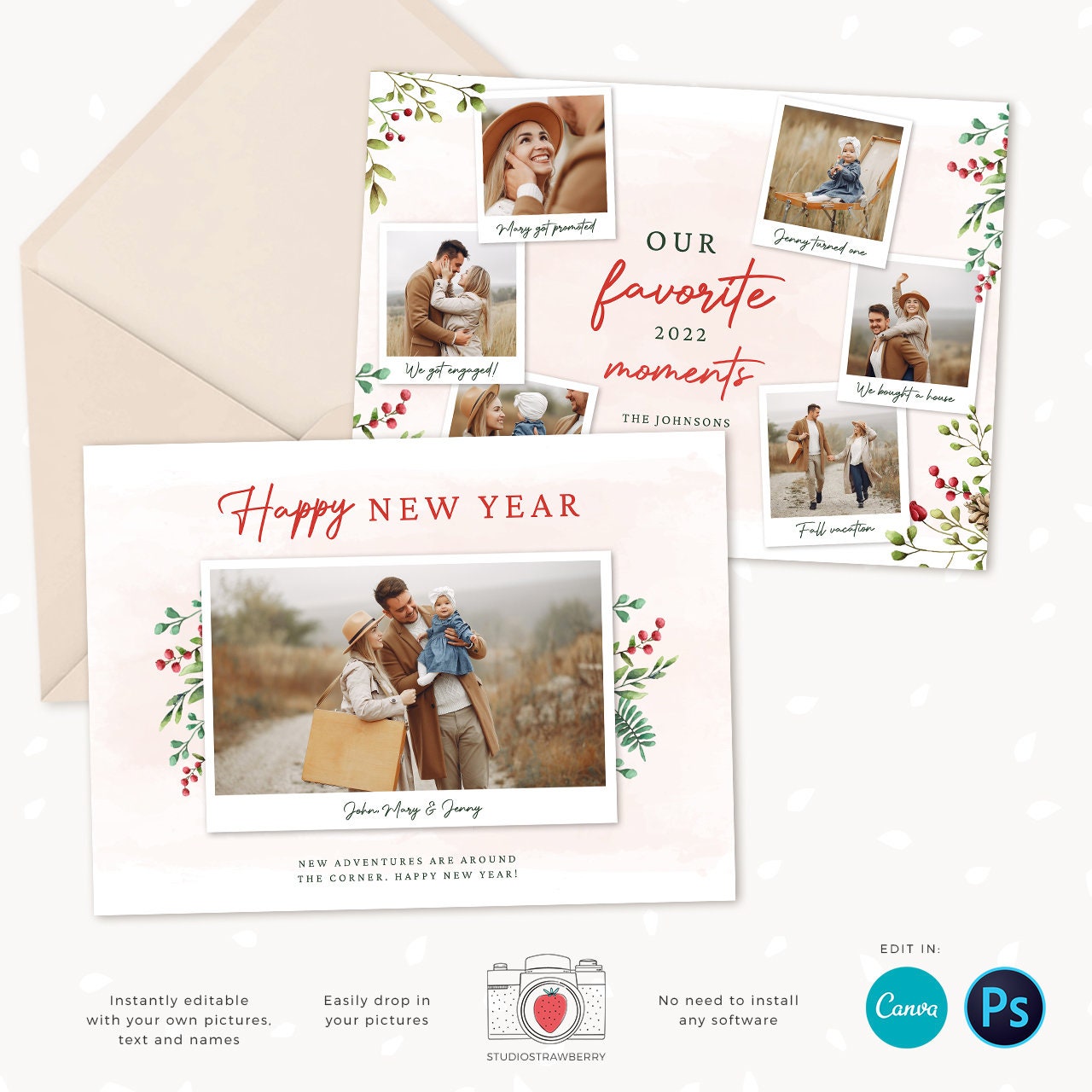 Year in review Christmas card template, 2022 overview, Canva Year in review template polaroids, Year in review holiday card, Landscape