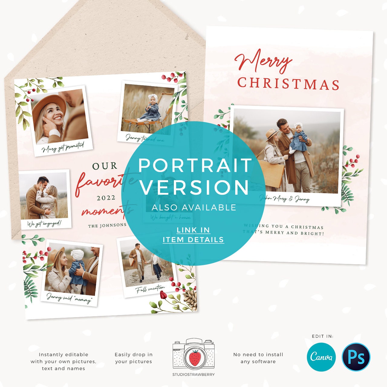 Year in review Christmas card template, 2022 overview, Canva Year in review template polaroids, Year in review holiday card, Landscape
