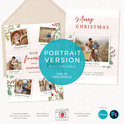 Year in review Christmas card template, 2022 overview, Canva Year in review template polaroids, Year in review holiday card, Landscape