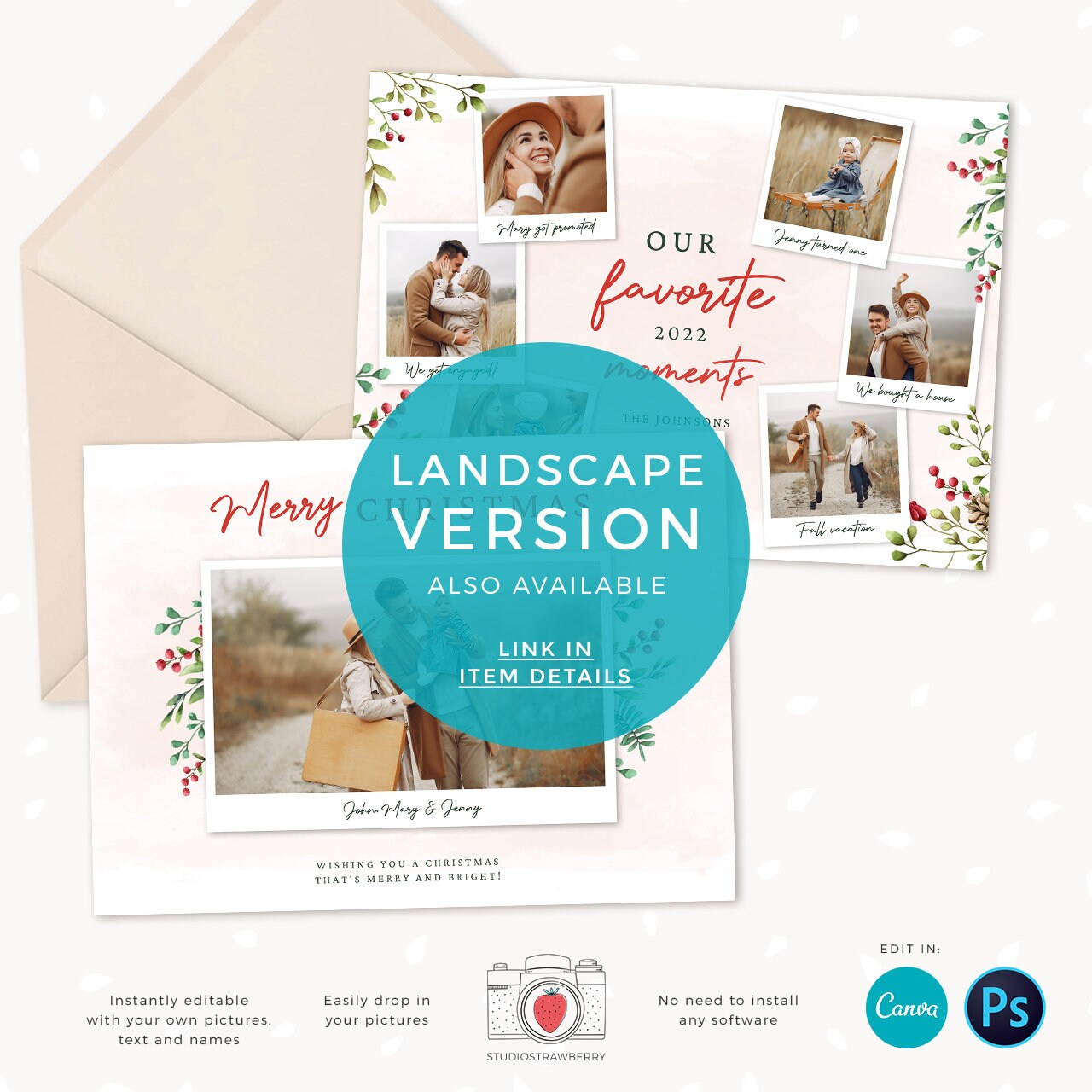 Year in review Christmas card template, 2022 overview, Canva Year in review template polaroids, Year in review holiday card, Floral Pictures
