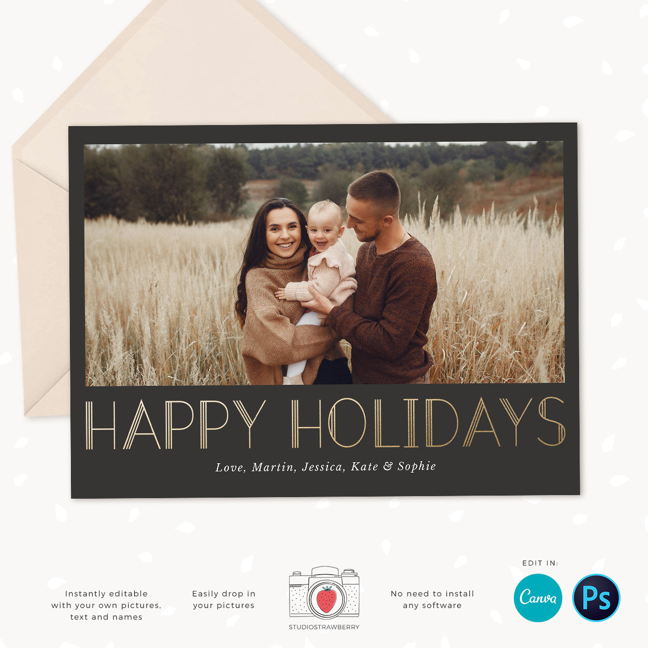 Year in review card template, Canva, 2023 collage, Year in review Christmas card template collage, Year in review holiday card 2023 Gold