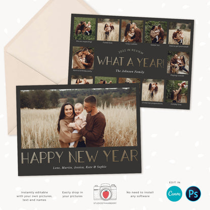 Year in review card template, Canva, 2023 collage, Year in review Christmas card template collage, Year in review holiday card 2023 Gold