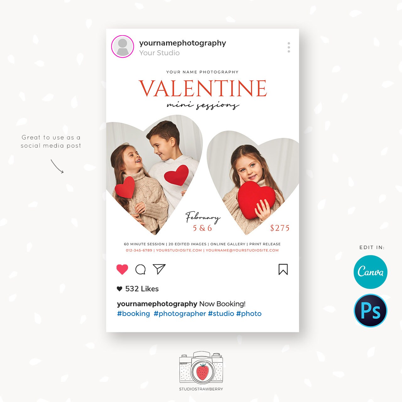 Valentine Mini Session Template, Canva, Valentine mini sessions, Valentine photography template, Valentine minis promotion, Valentines day