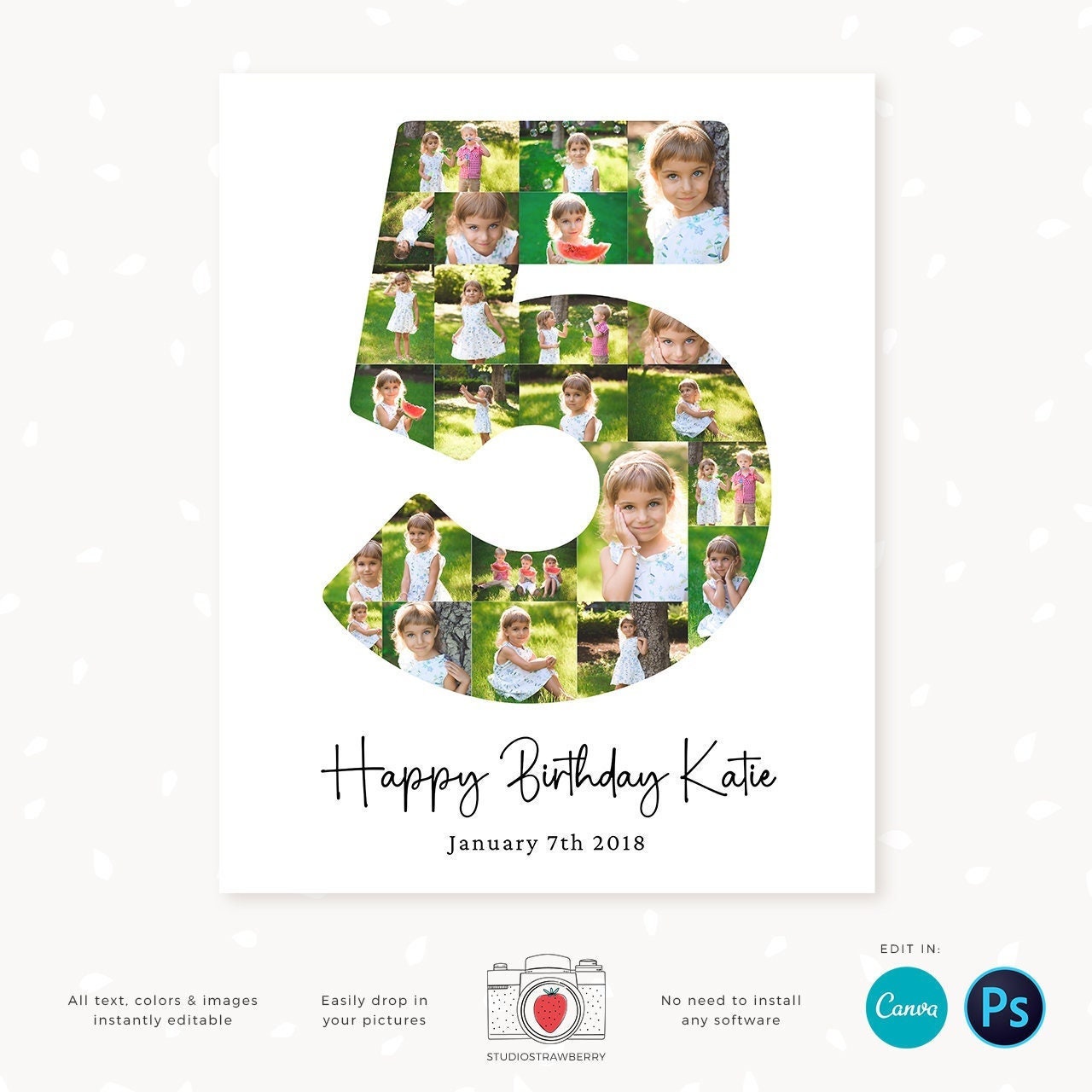 5 year birthday photo collage, Number five, Fifth birthday poster digital, Number five, 5th Birthday collage Canva, Photoshop, 16x20, 8x10
