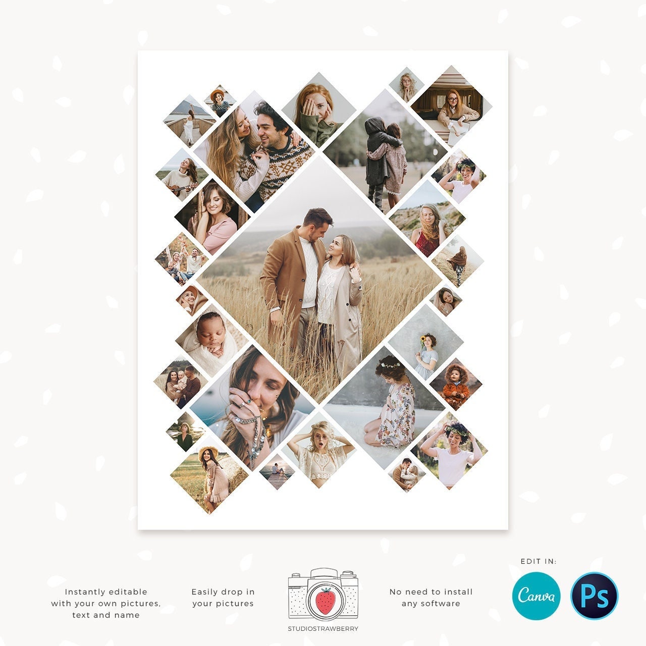 Diamond shape photo collage, Diamond collage template, Photo collage template, Diamond shapes, photo frame, geometric, photo collage maker