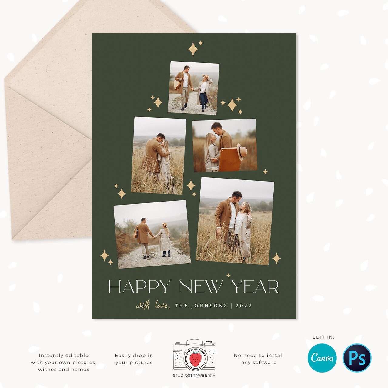 Christmas card template "Christmas tree", Canva, Christmas photo card template, Christmas tree photo collage, Holiday card photo collage