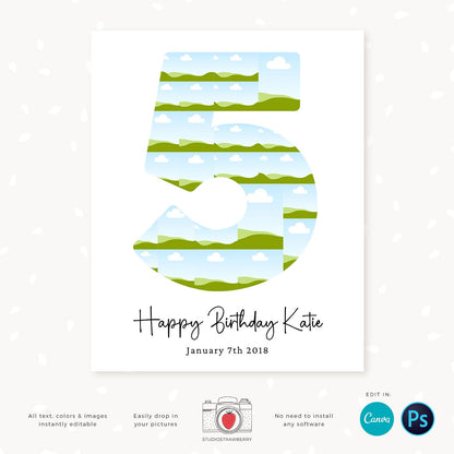 5 year birthday photo collage, Number five, Fifth birthday poster digital, Number five, 5th Birthday collage Canva, Photoshop, 16x20, 8x10