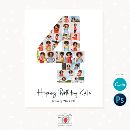 4 year birthday photo collage, Number four, Fourth birthday poster digital, Number four, 4th Birthday collage Canva, Photoshop, 16x20, 8x10