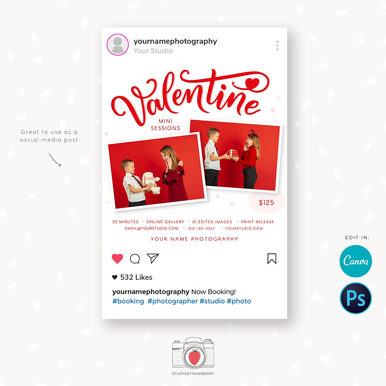 Valentine Mini Session Template, Canva, Valentine mini sessions, Valentine photography template, Valentine minis promotion, Valentines day