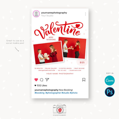 Valentine Mini Session Template, Canva, Valentine mini sessions, Valentine photography template, Valentine minis promotion, Valentines day