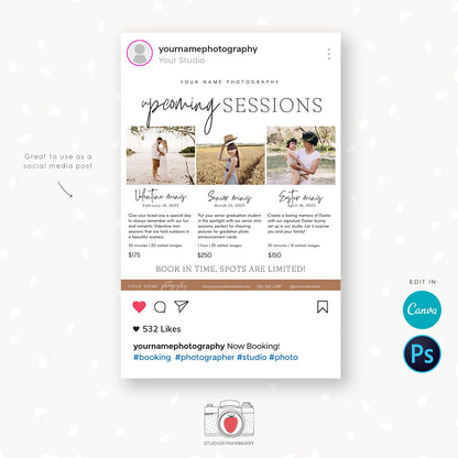 Upcoming sessions photography template, mini sessions calendar card, photography marketing board, session dates, sessions schedule, c08