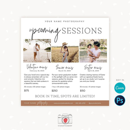 Upcoming sessions photography template, mini sessions calendar card, photography marketing board, session dates, sessions schedule, c08