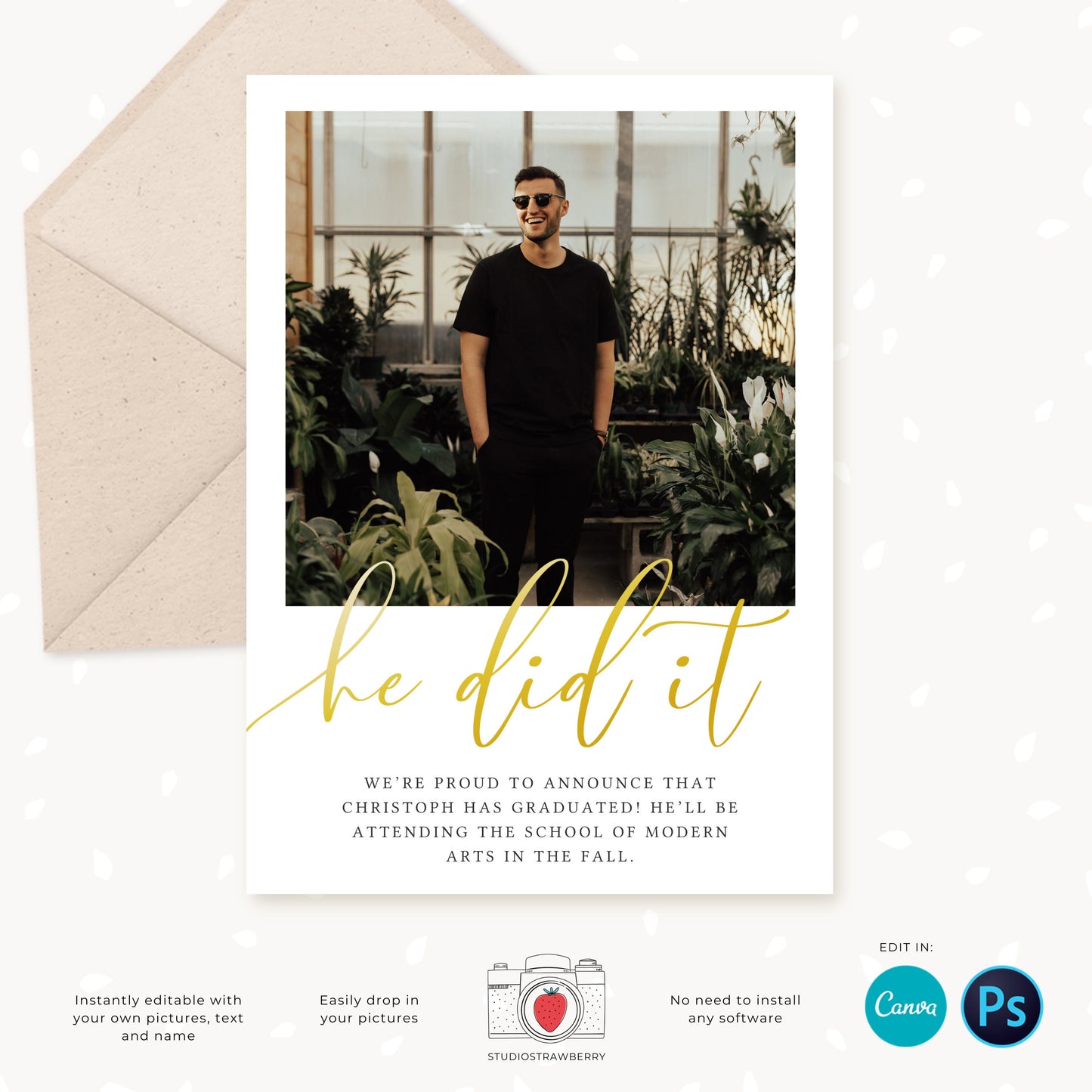 Graduation invitation template, Editable Graduation Photo Card, Senior Graduation Template, Senior Graduation Announcement, Gold, Collage