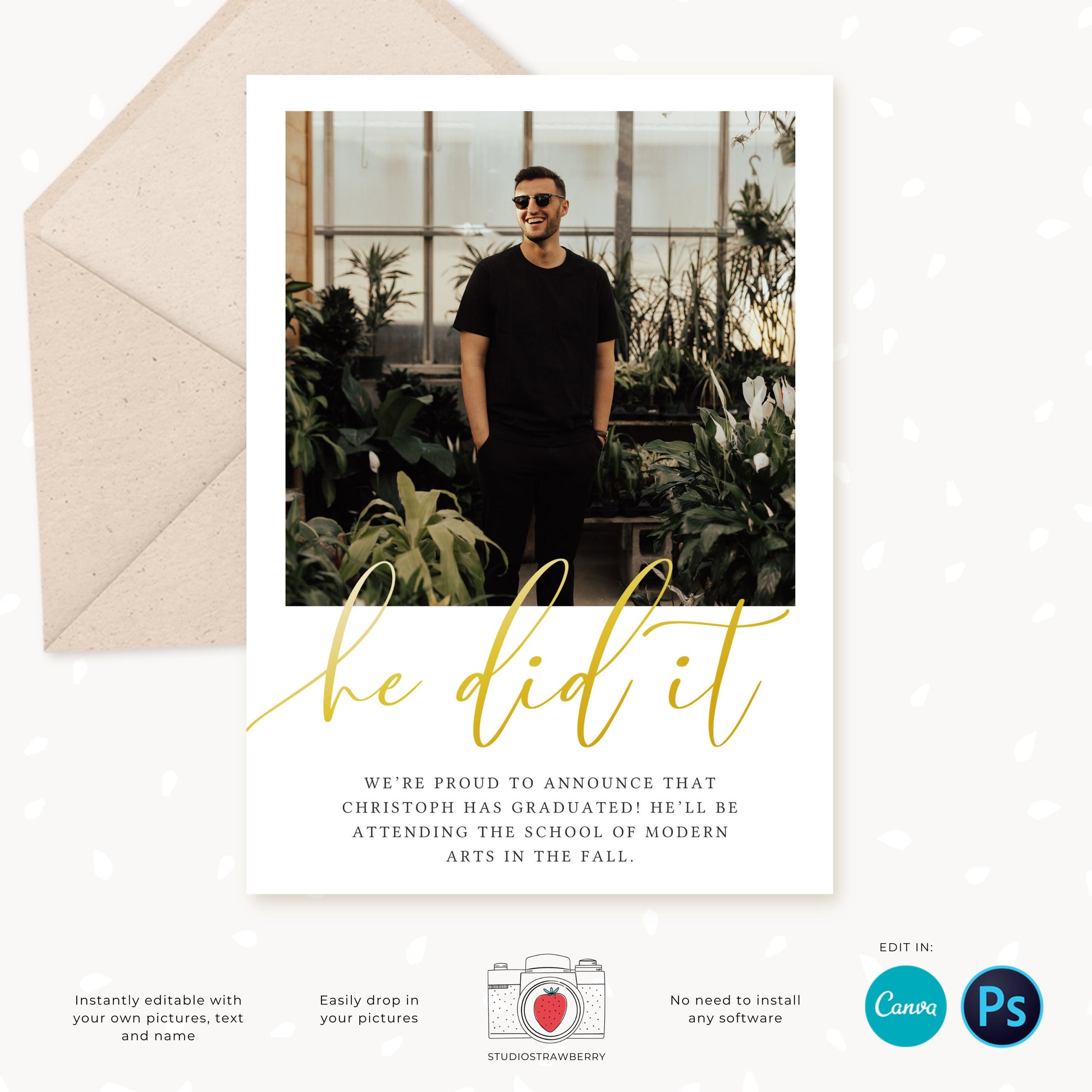 Graduation invitation template, Editable Graduation Photo Card, Senior Graduation Template, Senior Graduation Announcement, Gold, Collage