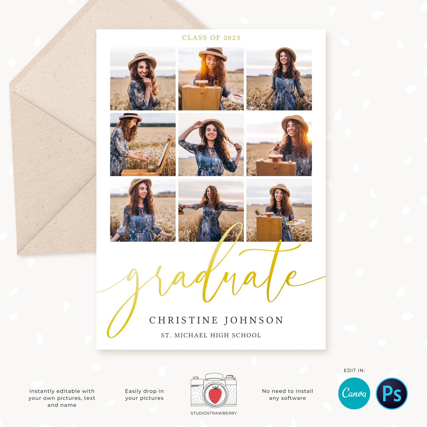 Graduation invitation template, Editable Graduation Photo Card, Senior Graduation Template, Senior Graduation Announcement, Gold, Collage