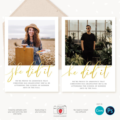 Graduation invitation template, Editable Graduation Photo Card, Senior Graduation Template, Senior Graduation Announcement, Gold, Collage