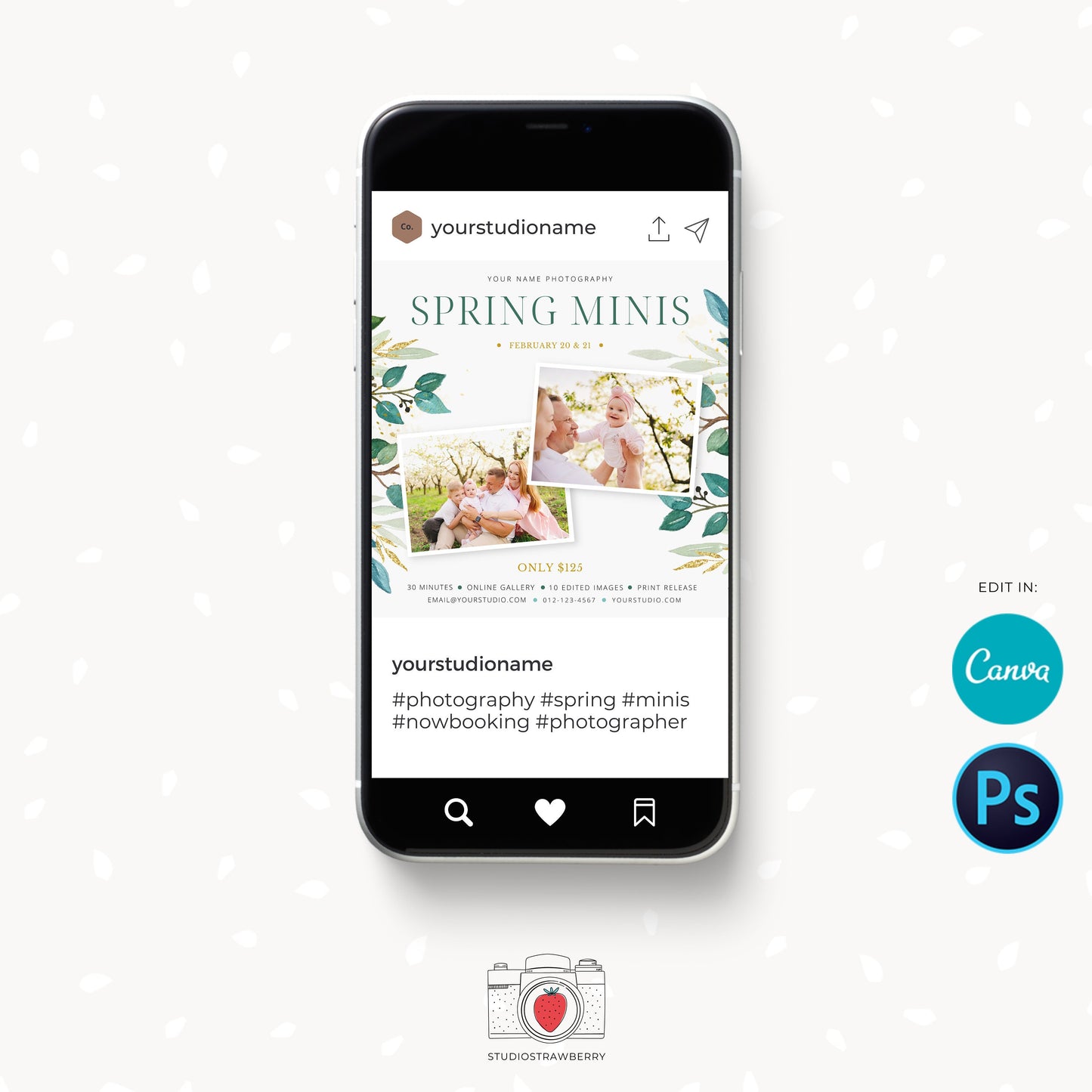 Spring Mini Sessions Template, Canva, Photoshop, Spring mini session template, Spring minis, Spring photo sessions, Spring flowers, Editable