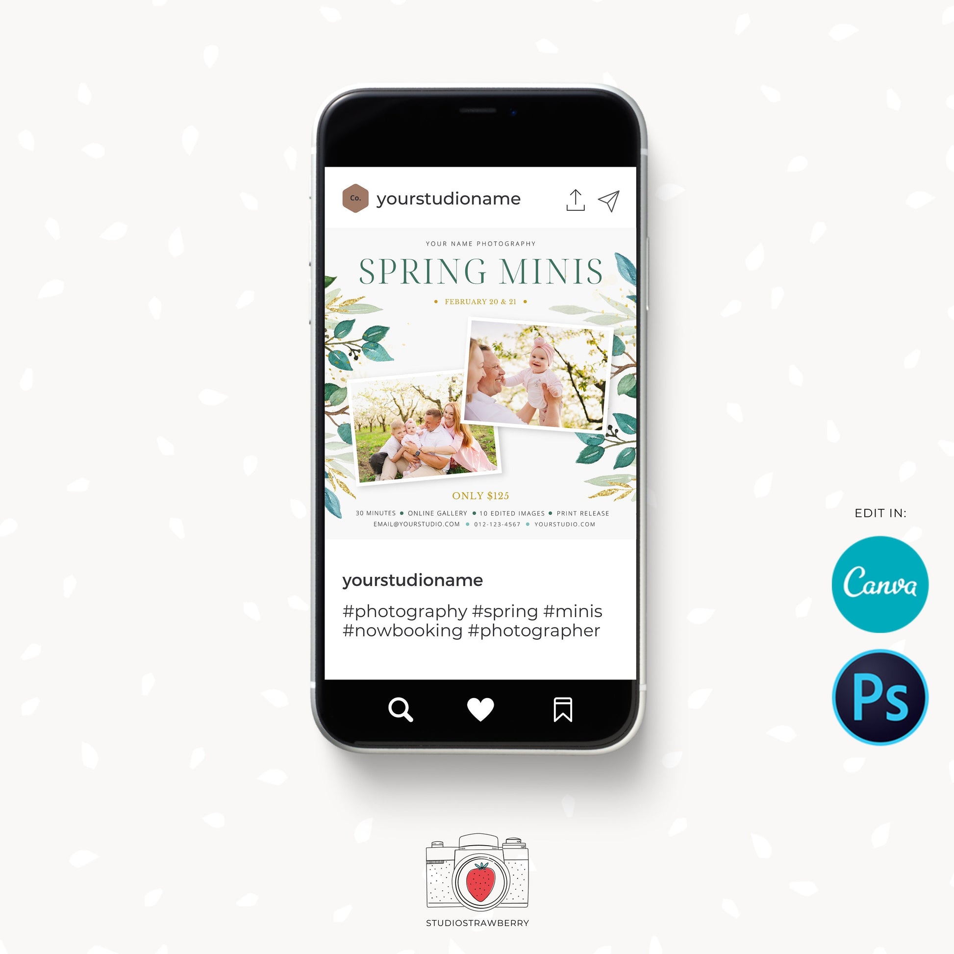 Spring Mini Sessions Template, Canva, Photoshop, Spring mini session template, Spring minis, Spring photo sessions, Spring flowers, Editable