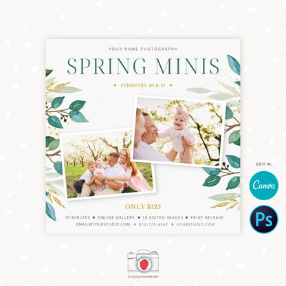 Spring Mini Sessions Template, Canva, Photoshop, Spring mini session template, Spring minis, Spring photo sessions, Spring flowers, Editable