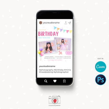 Birthday Mini Sessions Template, Canva, Photoshop, Birthday mini session template, Birthday Minis, First Birthday, Party pictures, Kids