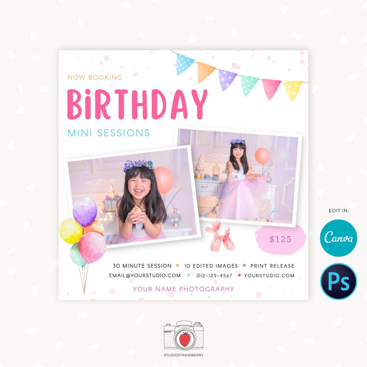 Birthday Mini Sessions Template, Canva, Photoshop, Birthday mini session template, Birthday Minis, First Birthday, Party pictures, Kids
