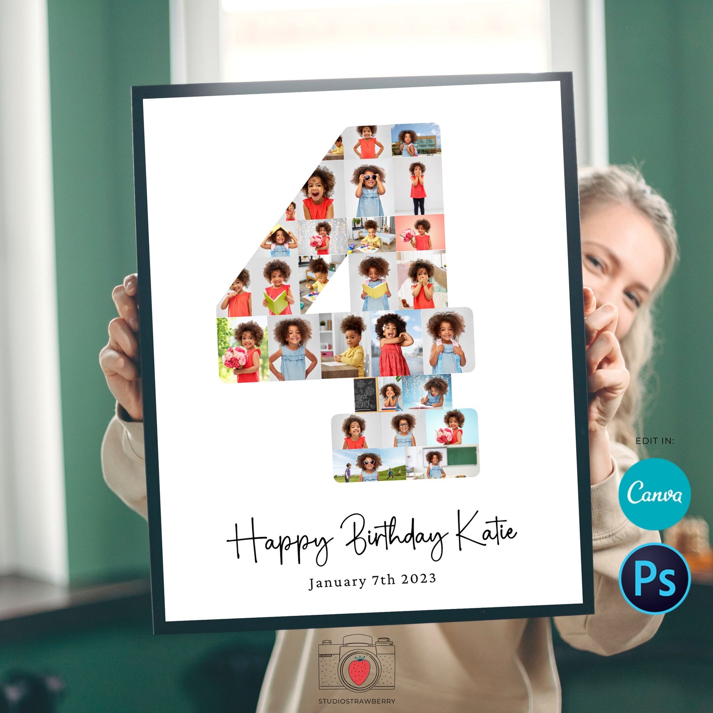 4 year birthday photo collage, Number four, Fourth birthday poster digital, Number four, 4th Birthday collage Canva, Photoshop, 16x20, 8x10