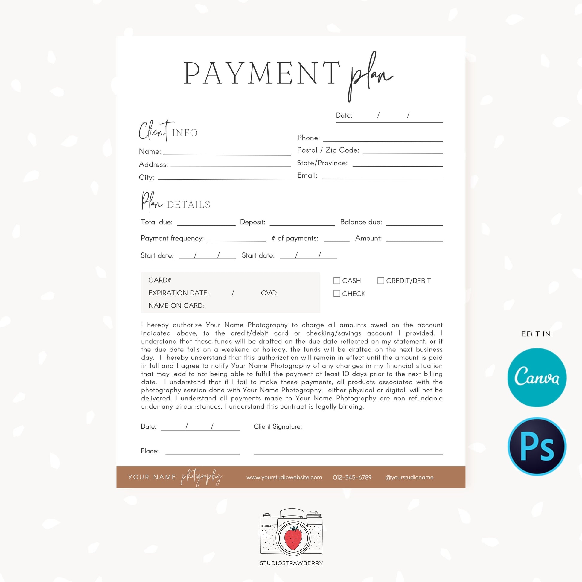 Payment plan templates, Photography Forms, Payment Plan Form For Photographer, Payment plan template Canva, Payment Sign up form, C08