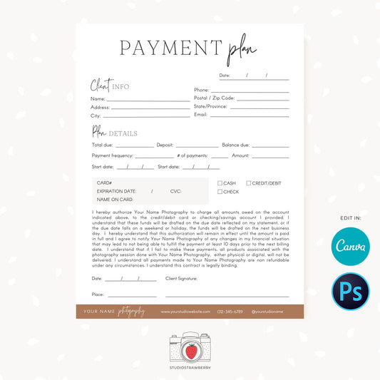 Payment plan templates, Photography Forms, Payment Plan Form For Photographer, Payment plan template Canva, Payment Sign up form, C08
