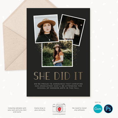 Graduation invitation template, Editable Graduation Photo Card, Senior Graduation Template, Senior Graduation Announcement, Gold, Collage