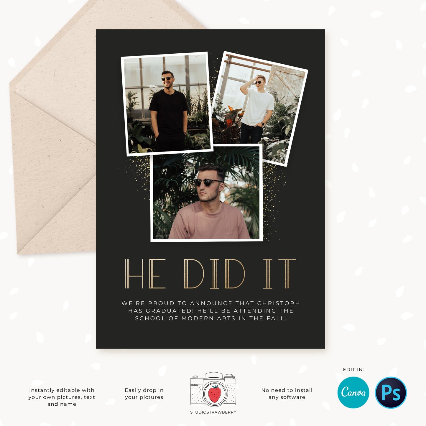 Graduation invitation template, Editable Graduation Photo Card, Senior Graduation Template, Senior Graduation Announcement, Gold, Collage