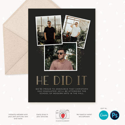 Graduation invitation template, Editable Graduation Photo Card, Senior Graduation Template, Senior Graduation Announcement, Gold, Collage